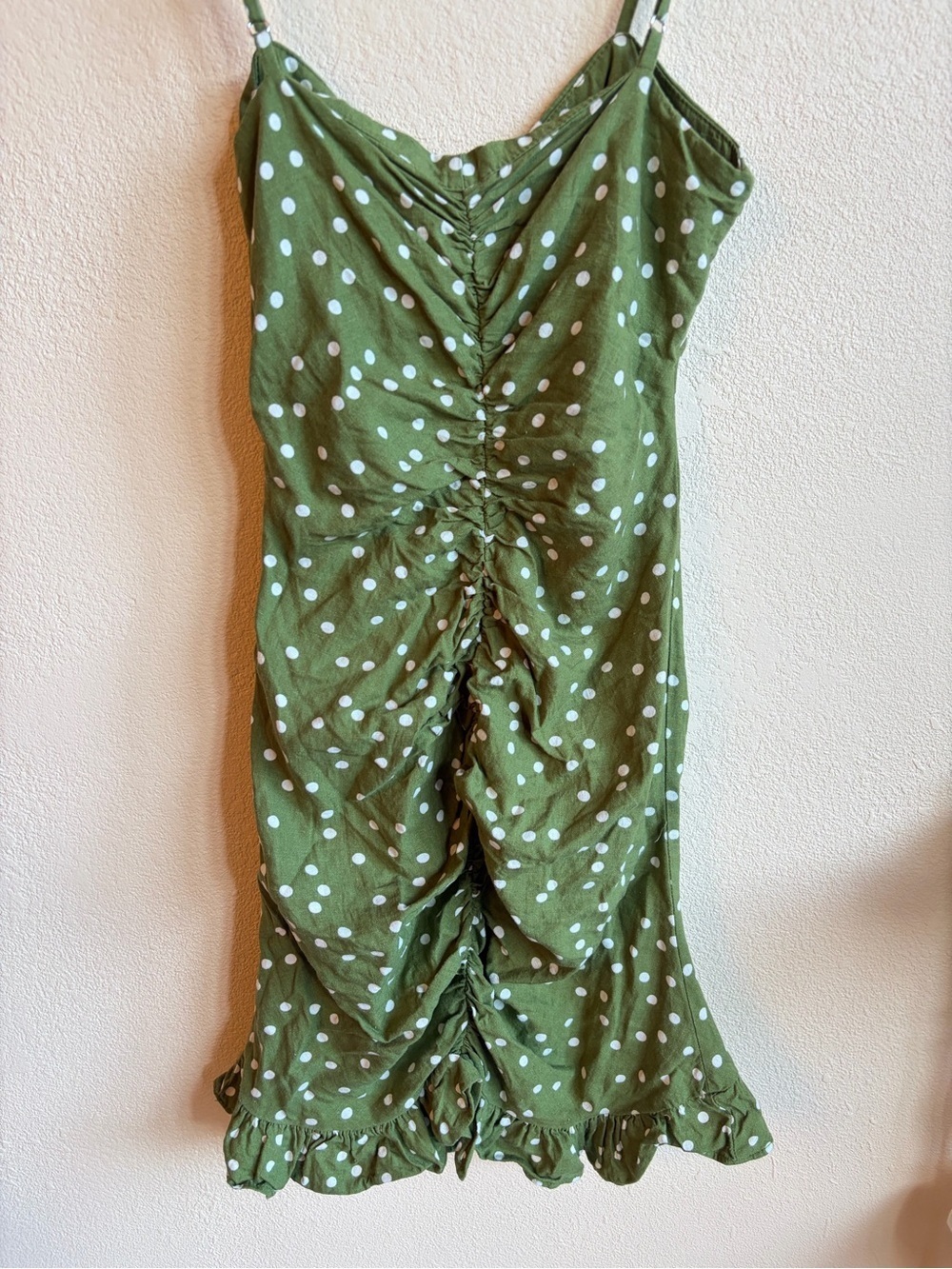 Zara Green White Linen Polka Dot Ruched Mini Dress Ruffle Hem Cottagecore Y2K - Picture 6 of 9